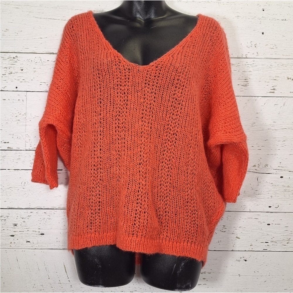 Wooden Ships Mohair Wool Blend Loose Knit V-Neck Sweater Sz M/L Coral // Salmon 
